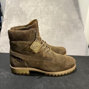 Timberland Premium Boots Mens 13 Olive Green Suede 6-Inch Lug Sole Padded Collar